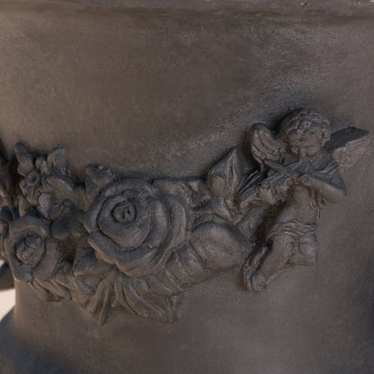 Buena Vista Urn planter in dark charcoal with sculpted floral relief by HouseOfZazla on Tampa Home & Garden Store