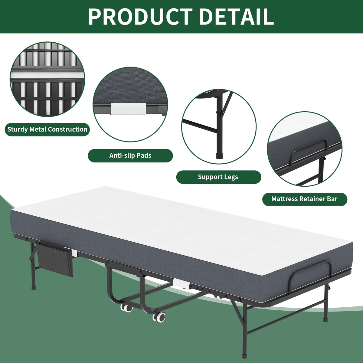 75-Inch Folding Bed with 5-Inch Memory Foam Mattress by HouseOfZazla, metal frame with wheels on Tampa Home & Garden Store