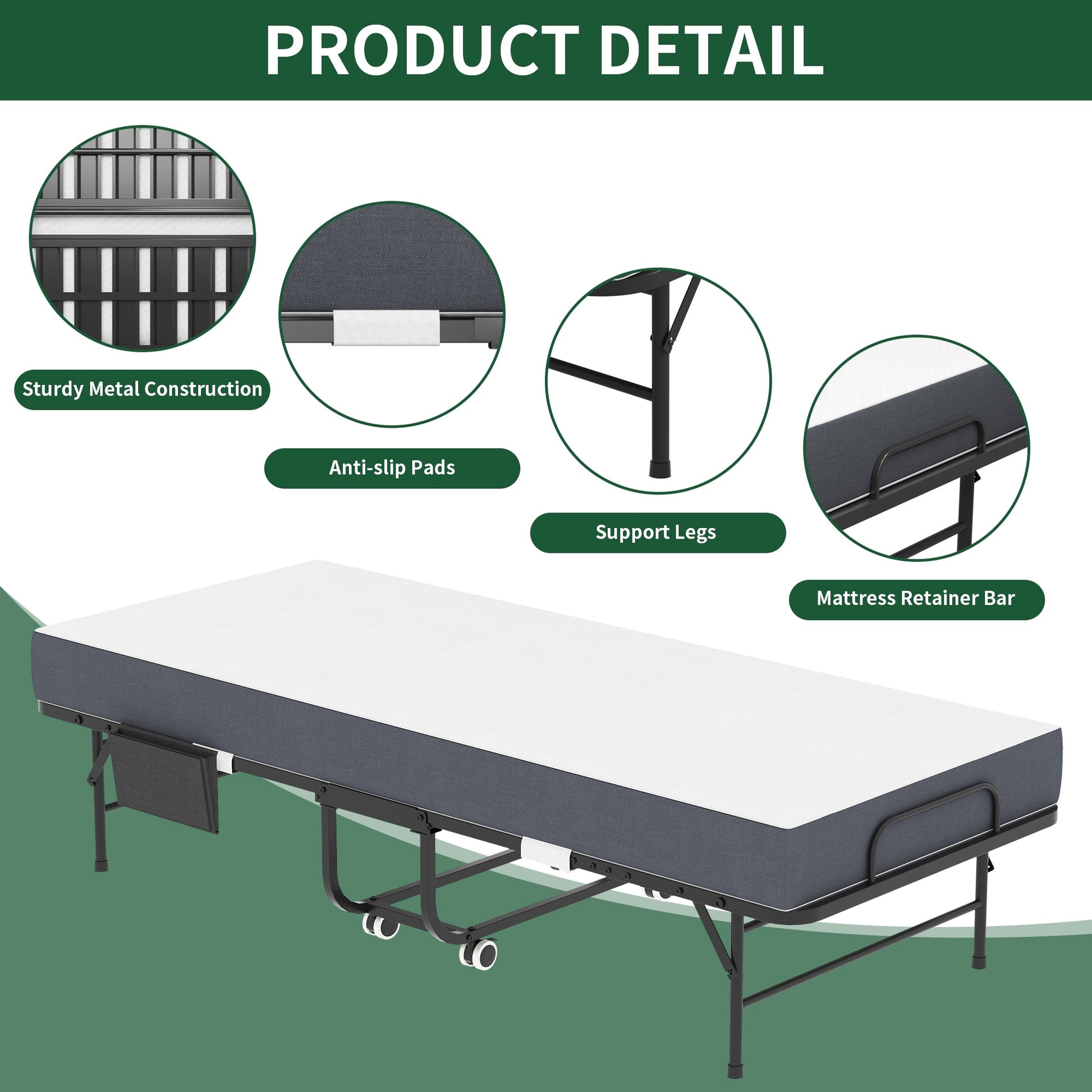 75-Inch Folding Bed with 5-Inch Memory Foam Mattress by HouseOfZazla, metal frame with wheels on Tampa Home & Garden Store