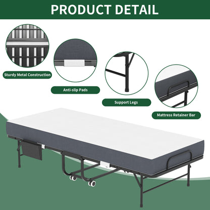 75-Inch Folding Bed with 5-Inch Memory Foam Mattress by HouseOfZazla, metal frame with wheels on Tampa Home & Garden Store