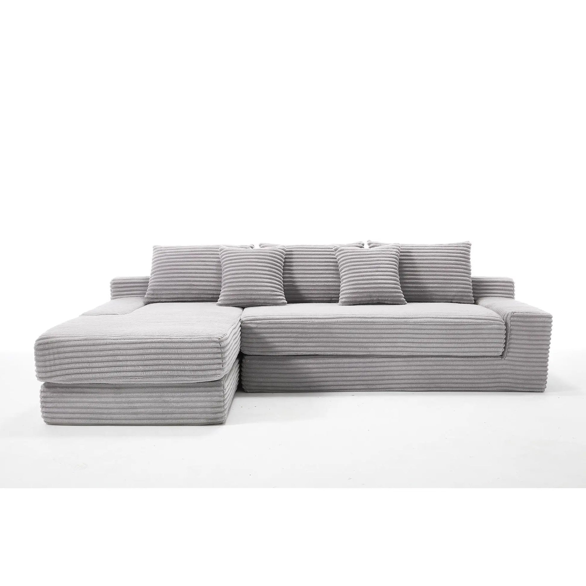 Modern L-shaped sectional couch with memory foam in gray striped upholstery on Tampa Home & Garden Store