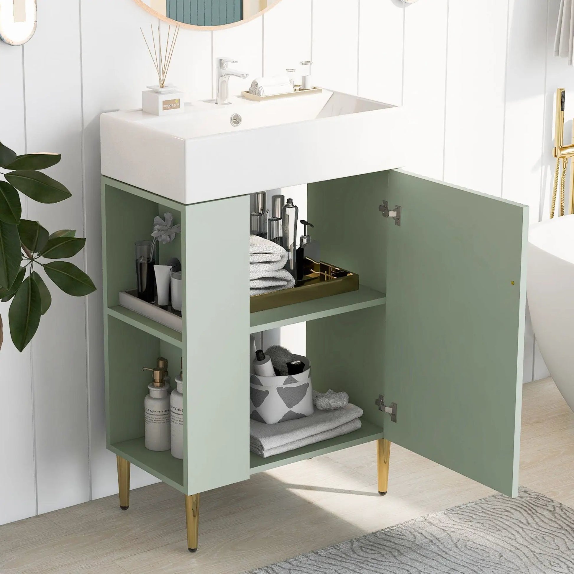 Bathroom vanity with white ceramic sink on mint-green cabinet with open shelves on Tampa Home & Garden Store