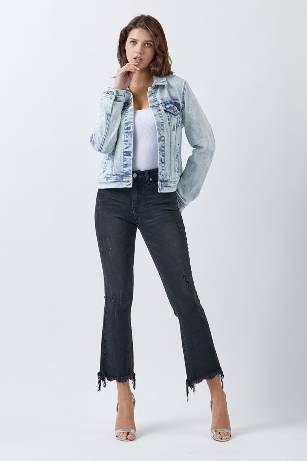Button Up Washed Denim Trucker Jacket blue with pocket detail for women Stevvex on Tampa Home & Garden Store