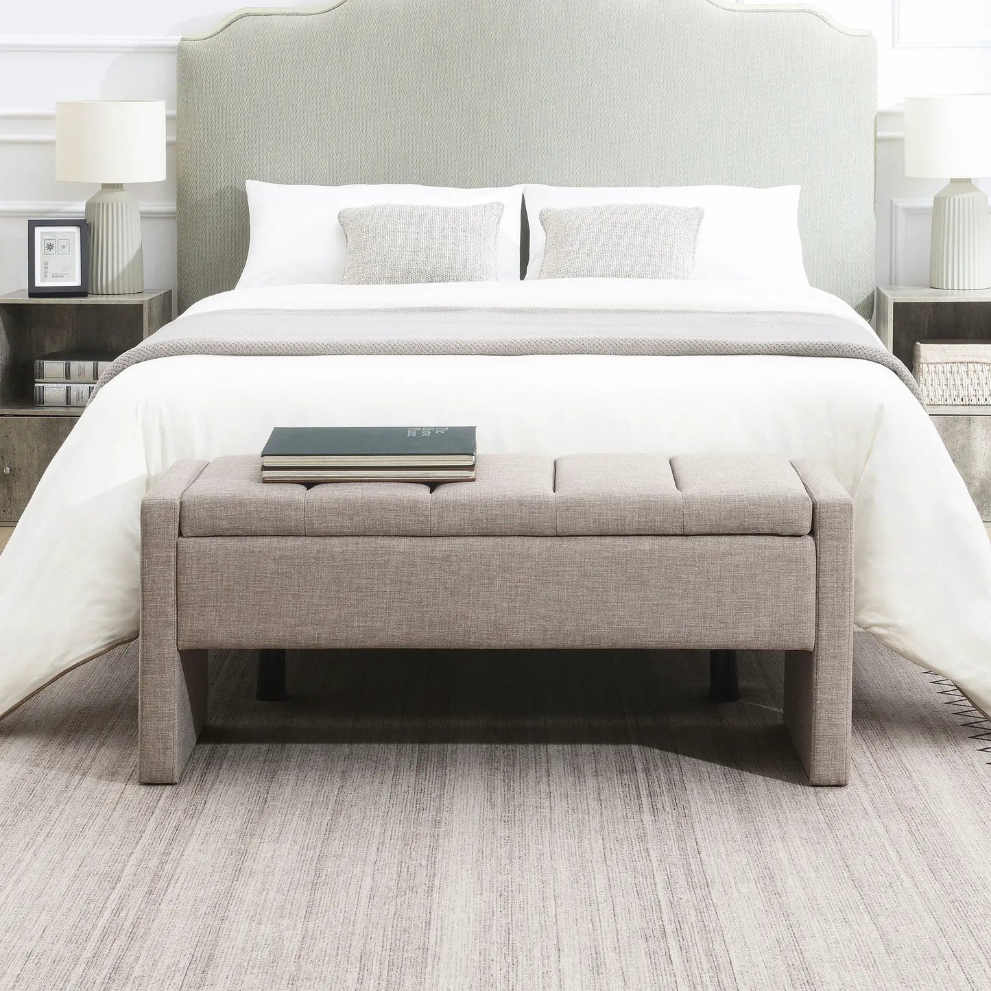 Modern upholstered large bed end bench with storage in grey fabric on Tampa Home & Garden Store