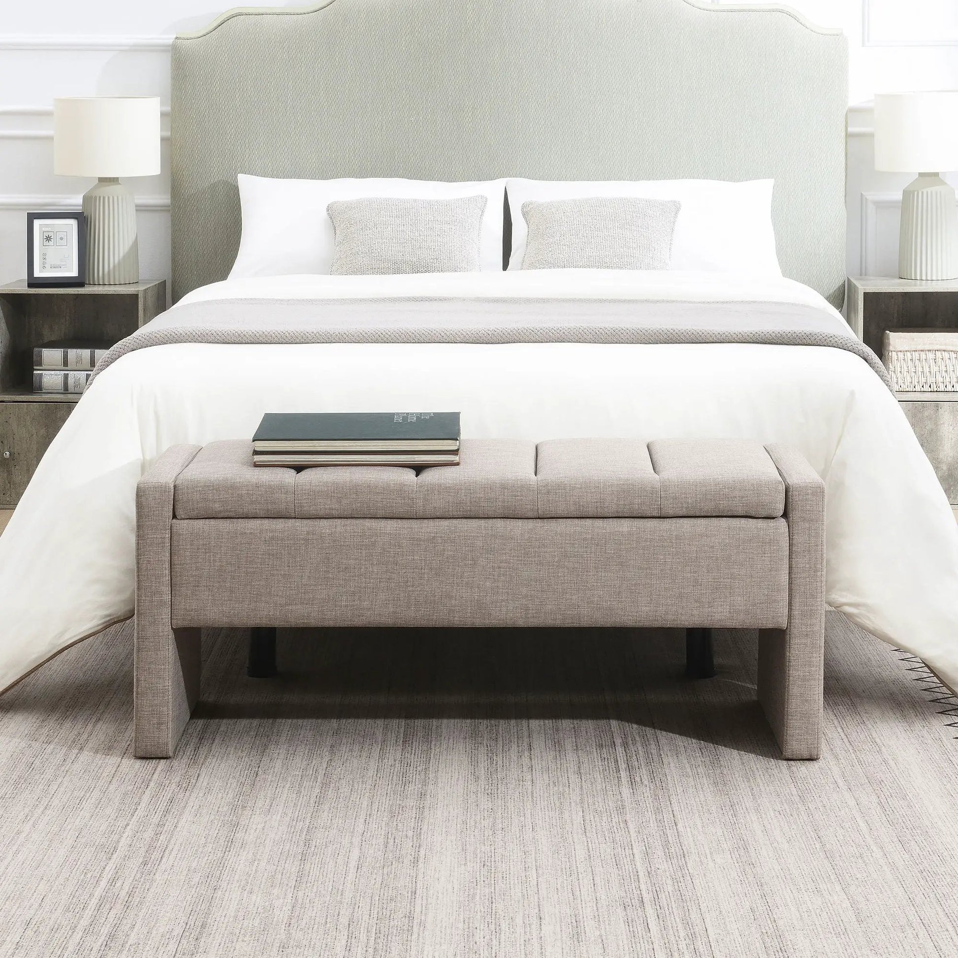 Modern upholstered large bed end bench with storage in grey fabric on Tampa Home & Garden Store
