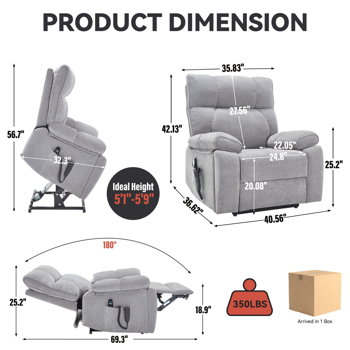Grey Heat Massage Dual Motor Electric Power Lift Recliner by HouseOfZazla in gray fabric on Tampa Home & Garden Store