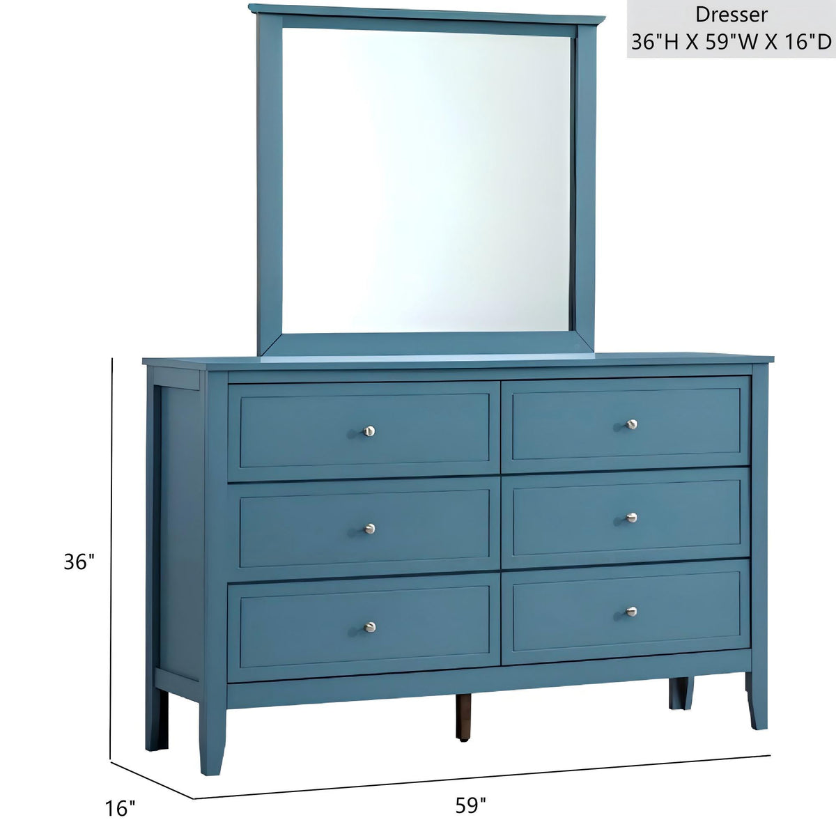 Blue six-drawer dresser with a matching mirror and silver metal hardware on Tampa Home & Garden Store