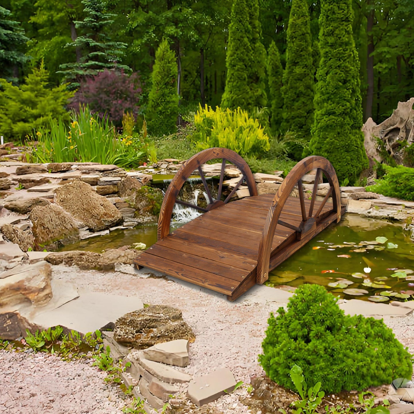 Wooden arc footbridge with half-wheel railings in brown finish over a rocky stream in lush garden on Tampa Home & Garden Store