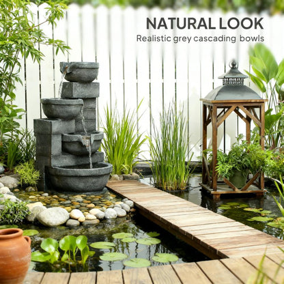 Garden Fountain tall outdoor waterfall with LED lights in grey stacked stone bowls on Tampa Home & Garden Store