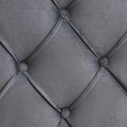 Queen platform tufted upholstered bed in gray fabric with diamond tufting and button accents on Tampa Home & Garden Store