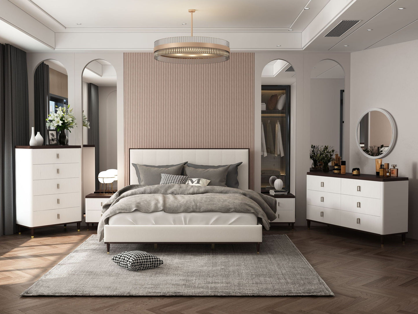 Carena 5 Piece Bedroom Set Eastern King bed upholstered headboard white dressers and mirror on Tampa Home & Garden Store