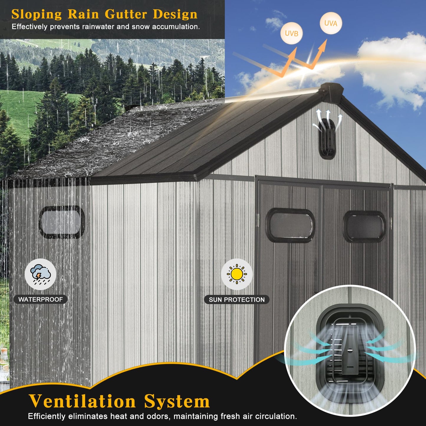 8x8FT resin storage shed with lockable door by HouseOfZazla, gray panels, waterproof, vented roof on Tampa Home & Garden Store