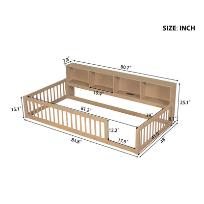 Floor bed with storage cabinets and USB ports in natural wood by HouseOfZazla on Tampa Home & Garden Store