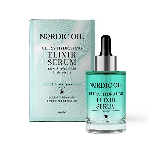 Face serum Nordic Oil Ultra Hydrating Elixir Serum in teal bottle, bakuchiol enriched, 30ml on Tampa Home & Garden Store