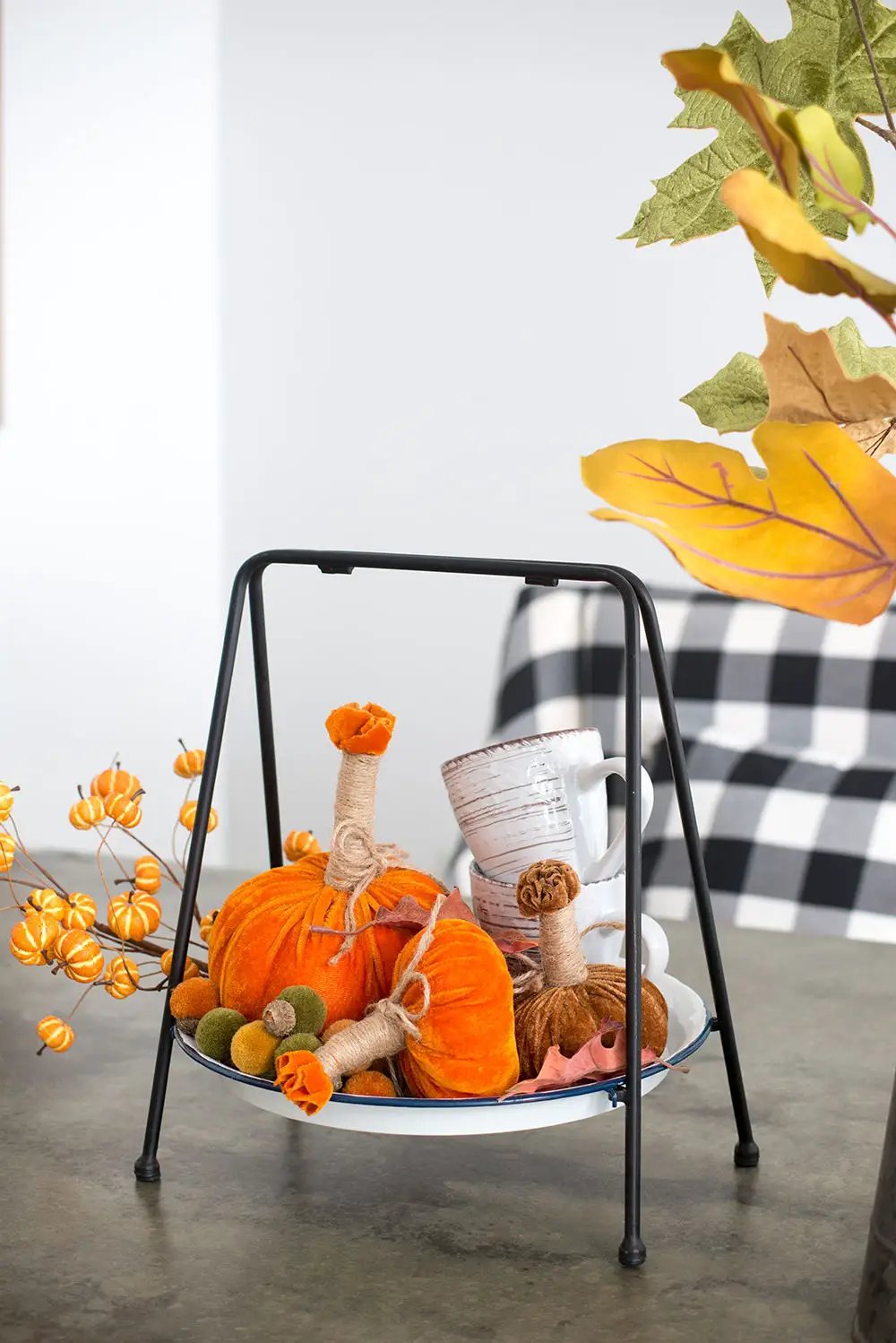 Pumpkin ornament set of 6 with orange velvet pumpkins and twine stems on a white tray on Tampa Home & Garden Store