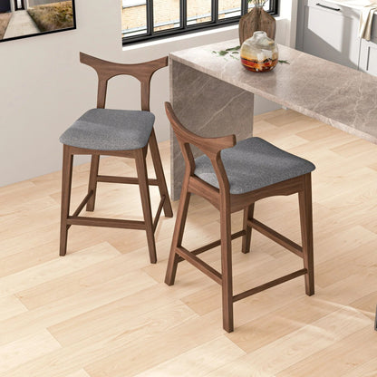 Upholstered square bar chair set in dark wood frame with gray fabric seats, 2 chairs on Tampa Home & Garden Store