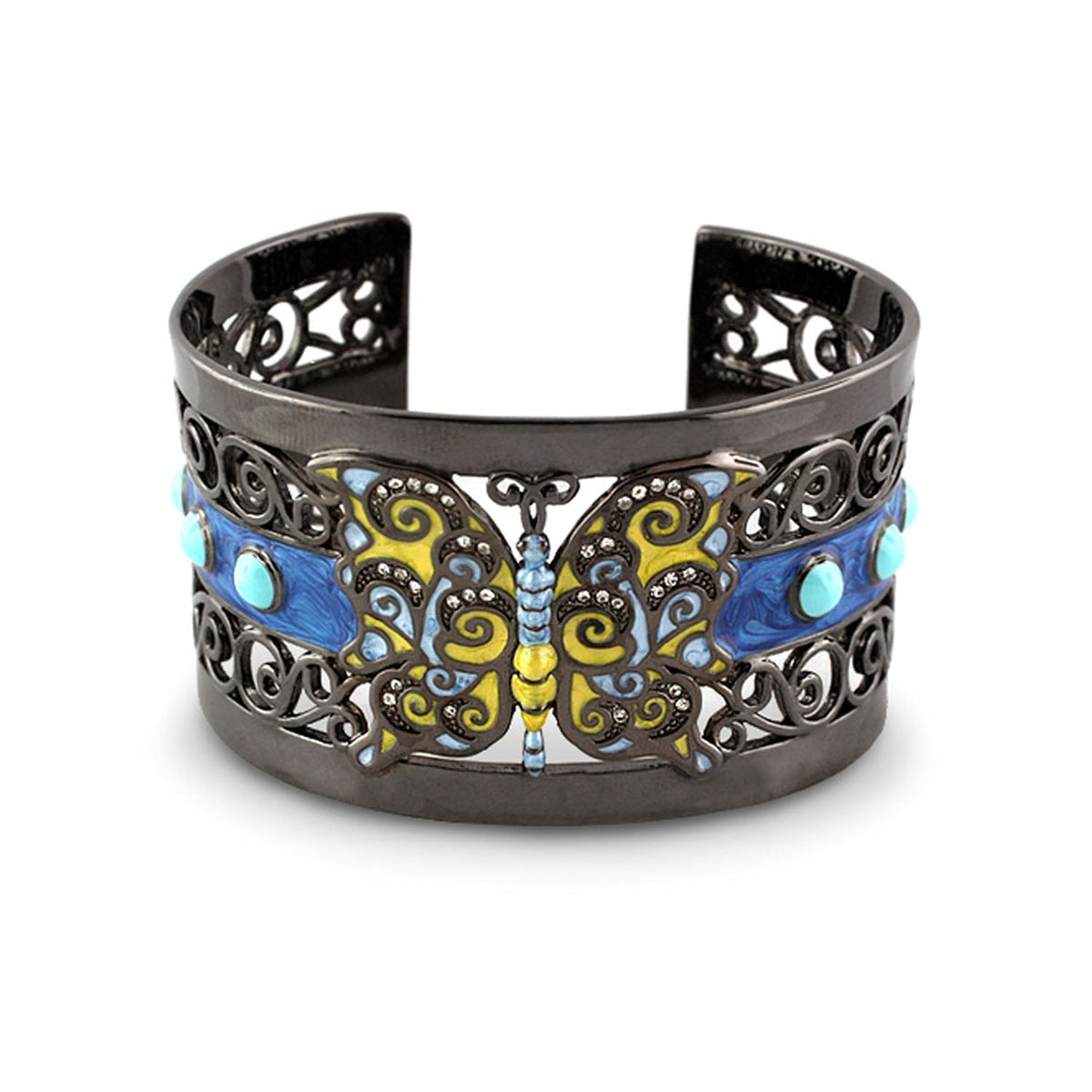 Butterfly cuff bracelet by Lauren G Adams in black metal with colorful enamel butterfly on Tampa Home & Garden Store