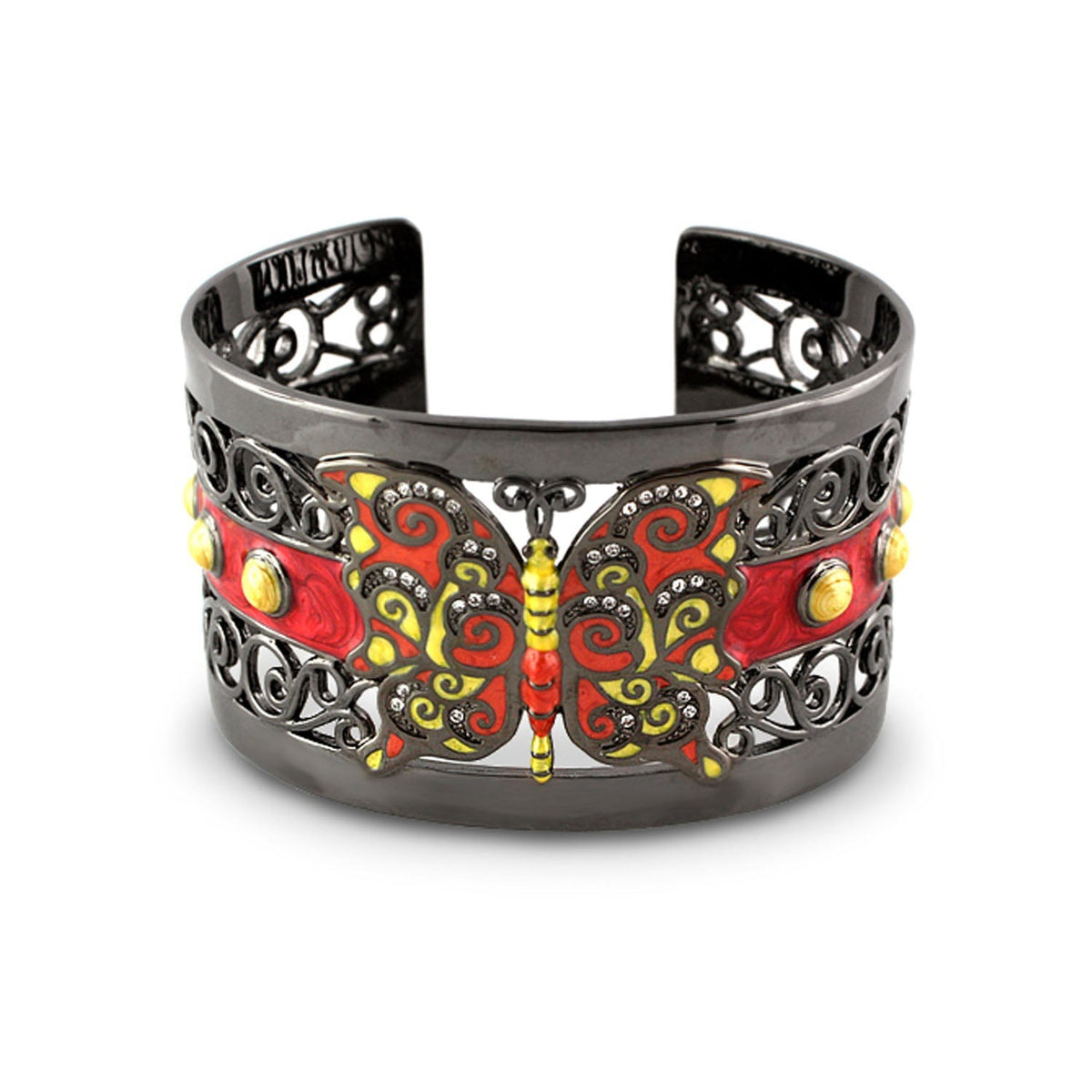 Butterfly Cuff Bangle in black metal with red, yellow butterfly and rhinestones on Tampa Home & Garden Store