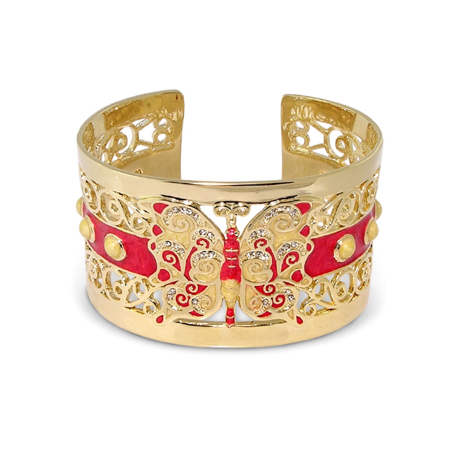 Butterfly Cuff Bangle in gold-tone with red enamel butterfly and crystal accents on Tampa Home & Garden Store