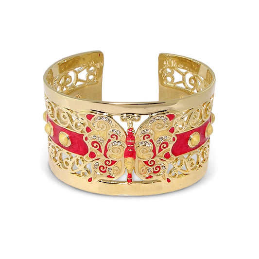 Butterfly Cuff Bangle in gold-tone with red enamel butterfly and crystal accents on Tampa Home & Garden Store