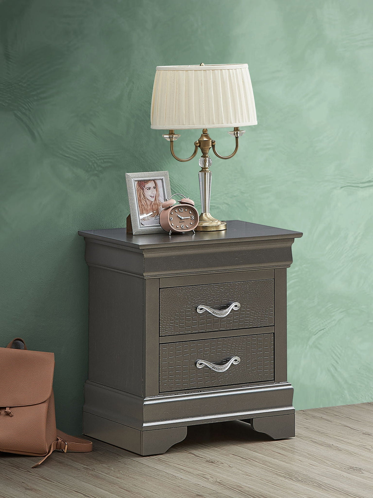 Nightstand With Textured Finish and Crystal Pulls