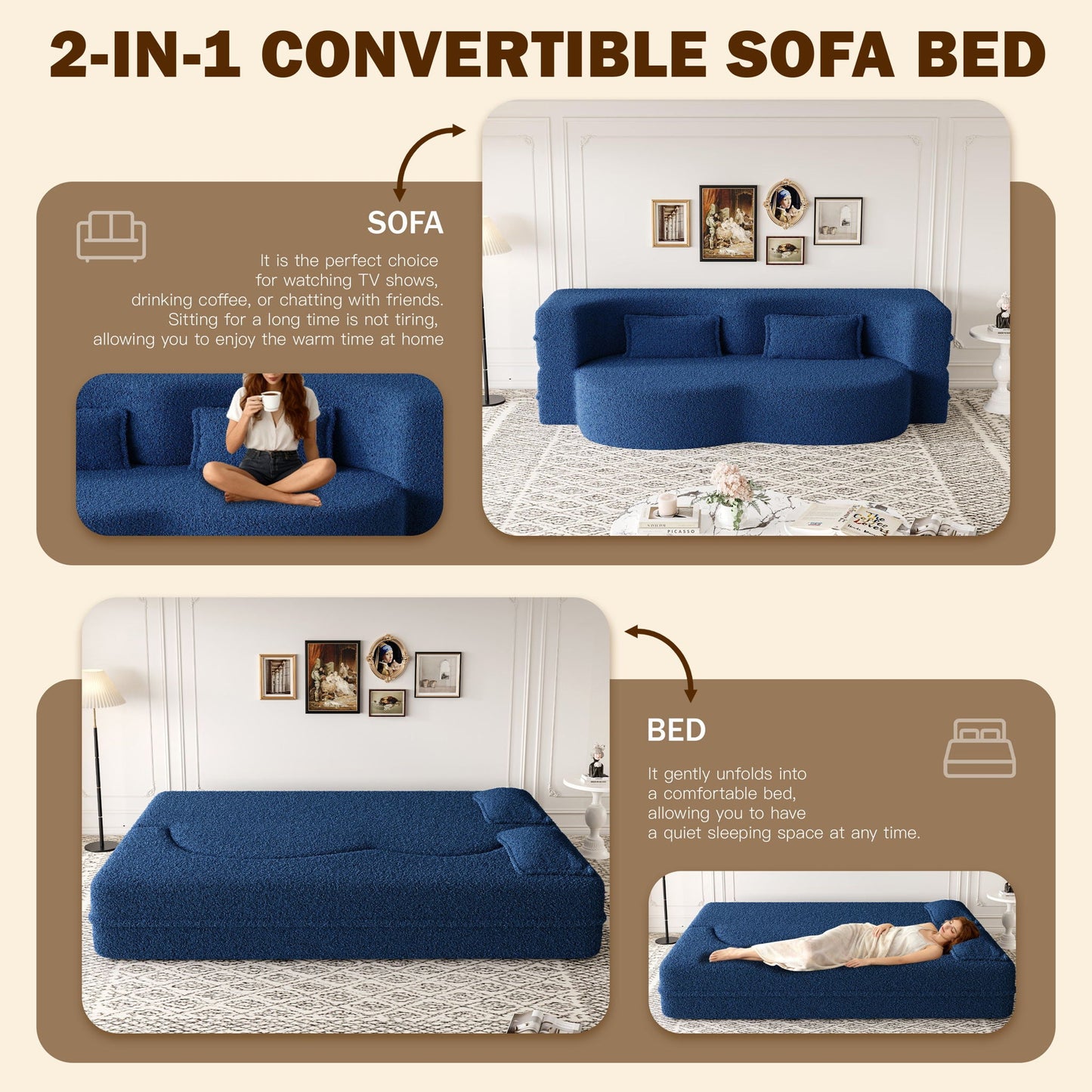 Modern Floor Sleeper Sofa Bed And Two Pillows