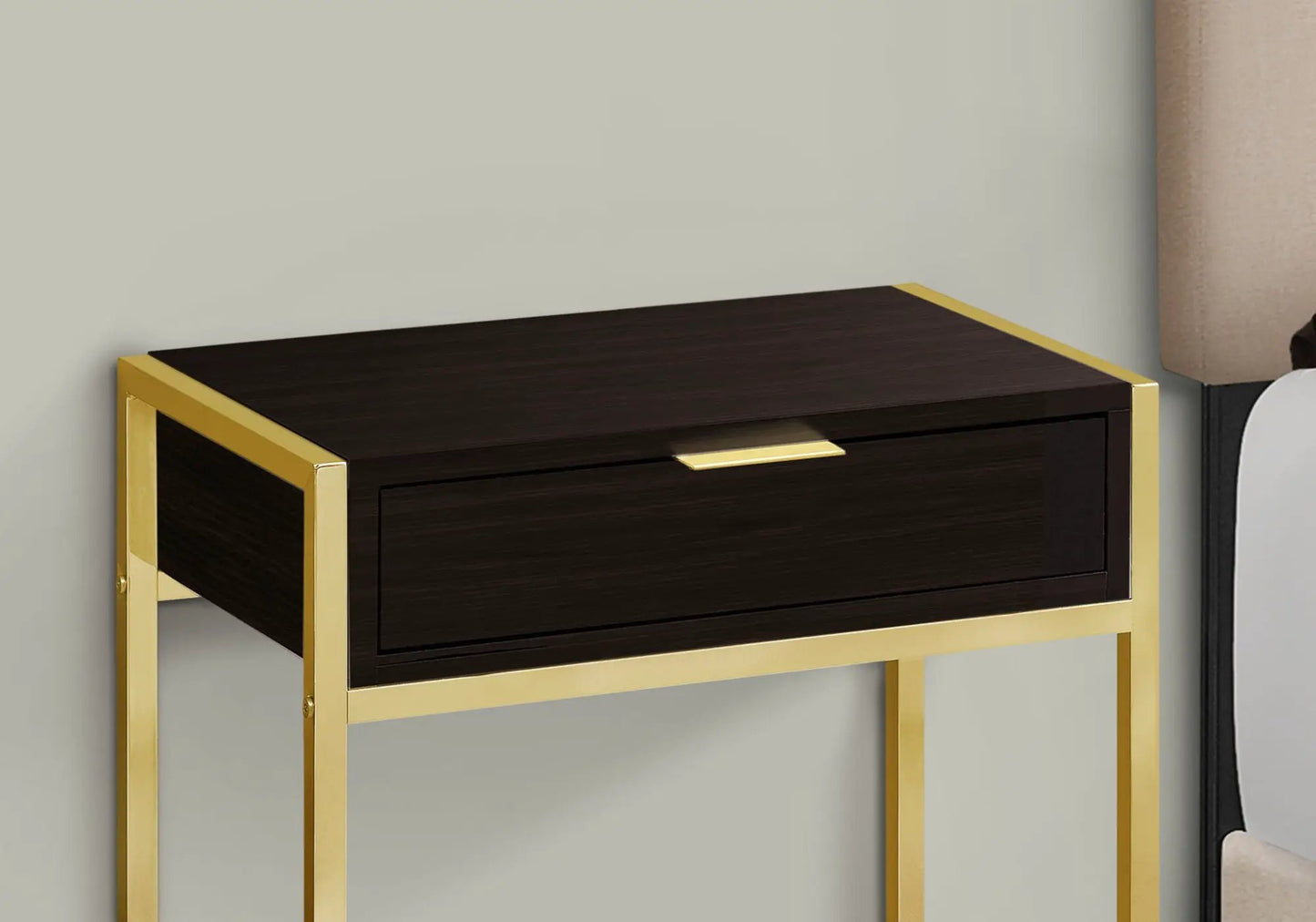 Accent Side Table dark wood with gold metal frame and storage drawer by Unique Piece Furniture on Tampa Home & Garden Store