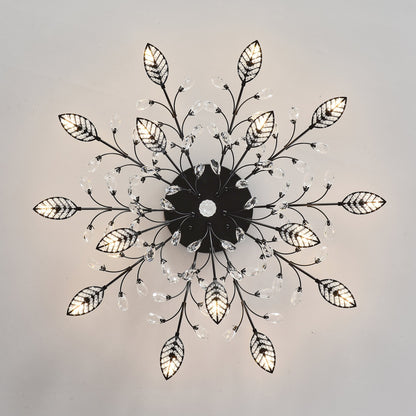 15-Light Crystal Leaf Chandelier with black metal sunburst arms and hanging drops on Tampa Home & Garden Store