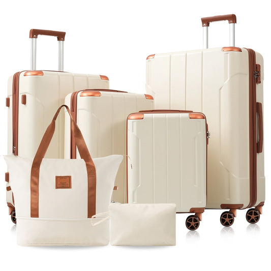 Brown and White 6-Piece Hardshell Luggage Set by HouseOfZazla cream with copper accents on Tampa Home & Garden Store