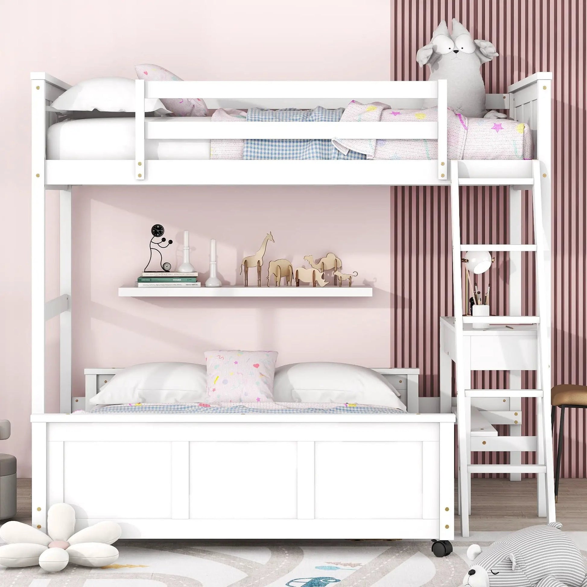 Full over full bunk bed with desk white, ladder, pastel bedding Unique Piece Furniture on Tampa Home & Garden Store