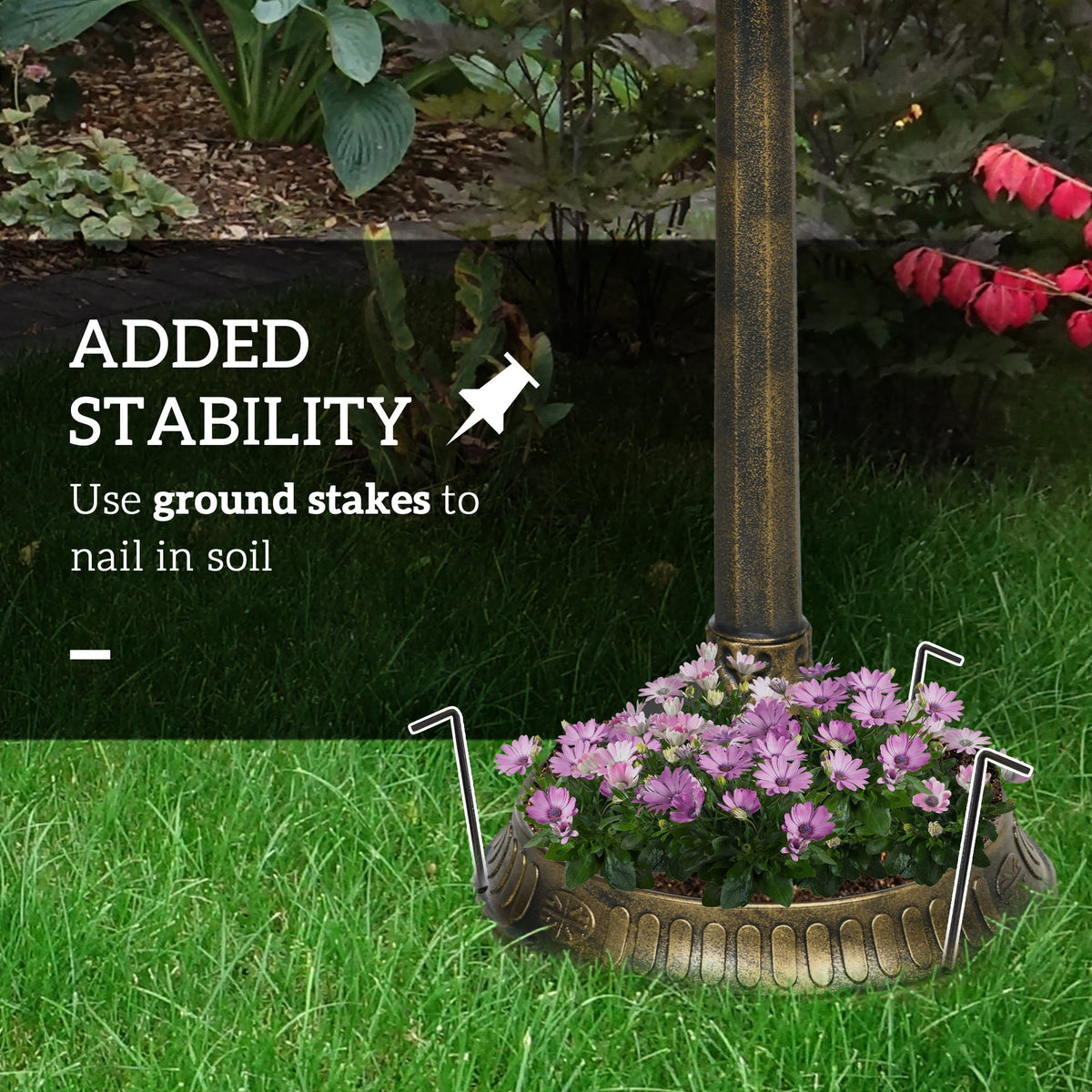 Outsunny antique bird bath with pedestal flower planter base, bronze finish with flowers around base on Tampa Home & Garden Store