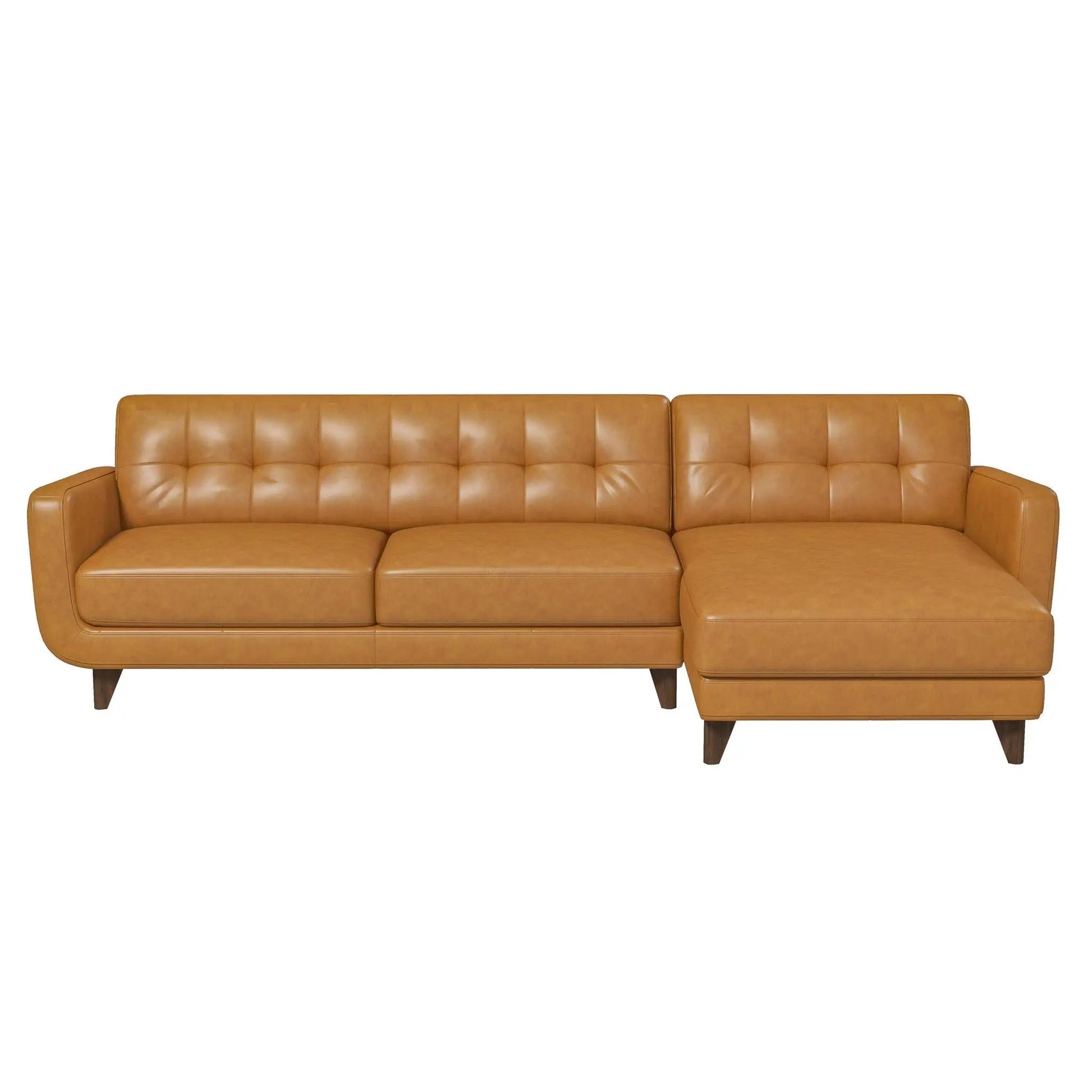 Allison - Mid-Century Modern Sectional Sofa Chaise, tan leather, tufted cushions on Tampa Home & Garden Store