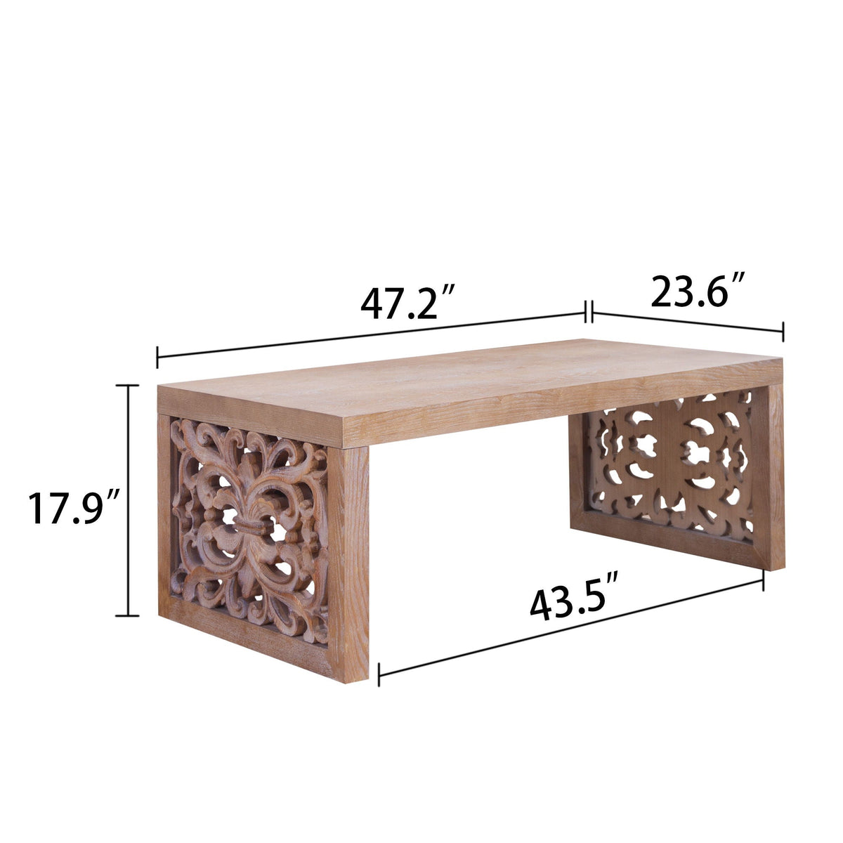 Rustic carved wood coffee table with lattice panels in light brown finish HouseOfZazla on Tampa Home & Garden Store