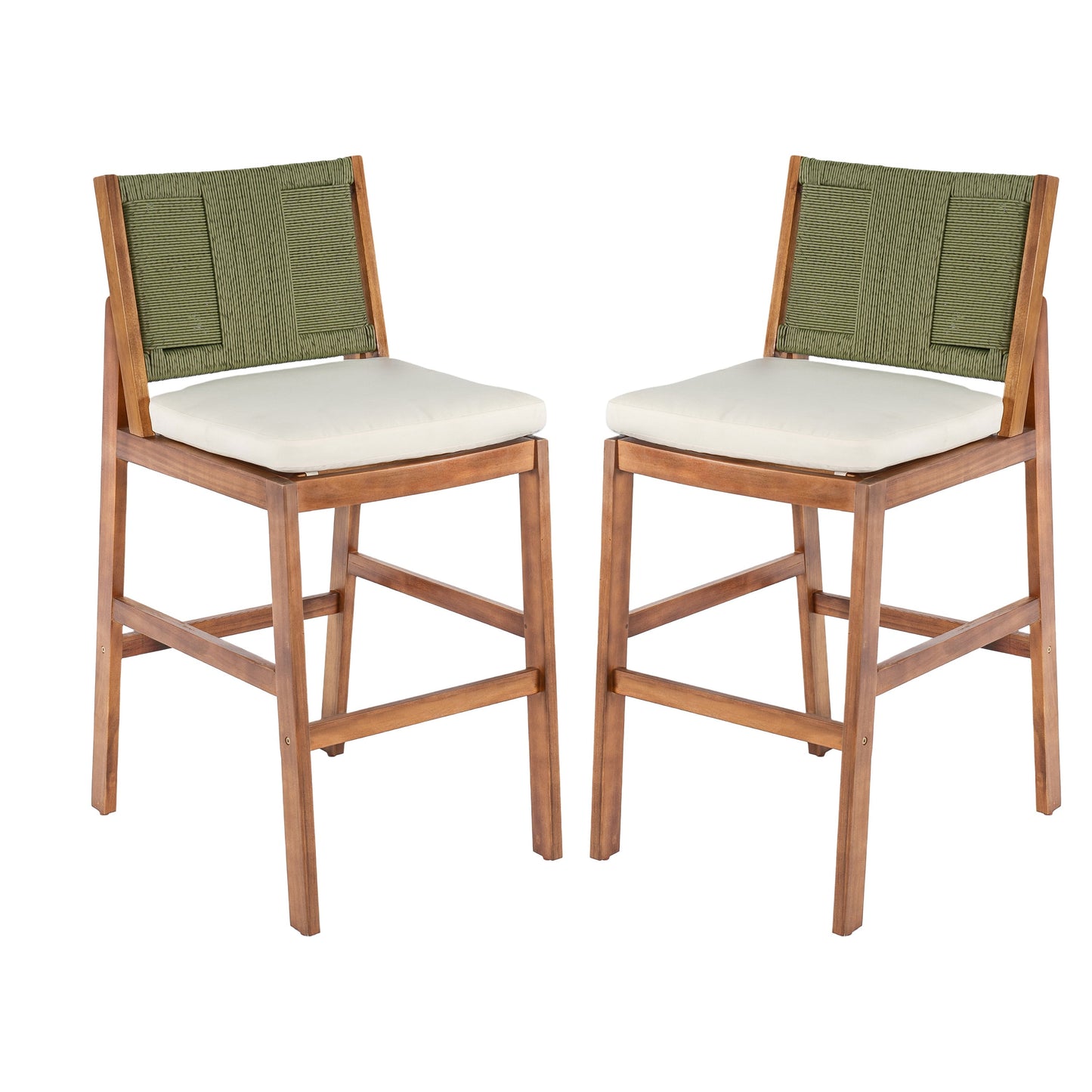 Outdoor Acacia Wood Bar Stools set of 2 with green woven backs and white cushions on Tampa Home & Garden Store