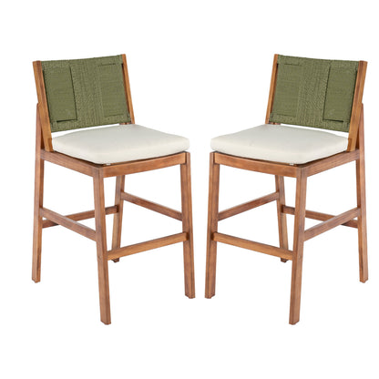 Outdoor Acacia Wood Bar Stools set of 2 with green woven backs and white cushions on Tampa Home & Garden Store