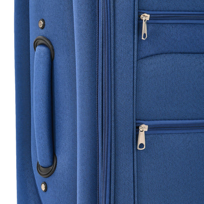 Softside luggage set blue close-up with zipper pulls and carrying handle on Tampa Home & Garden Store