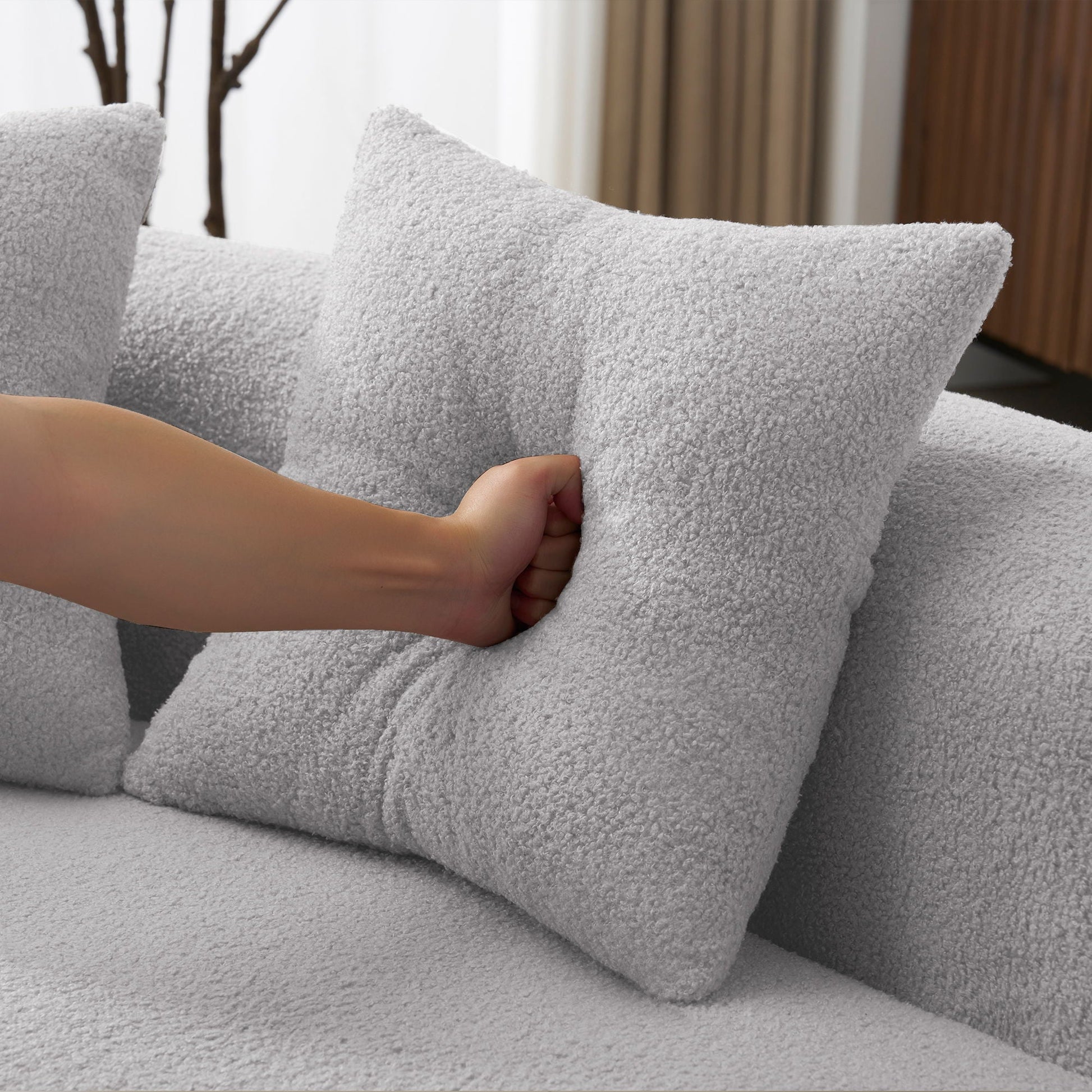 Curved 4 Seater Full Compression Sponge Sofa in light gray plush fabric with soft cushions on Tampa Home & Garden Store