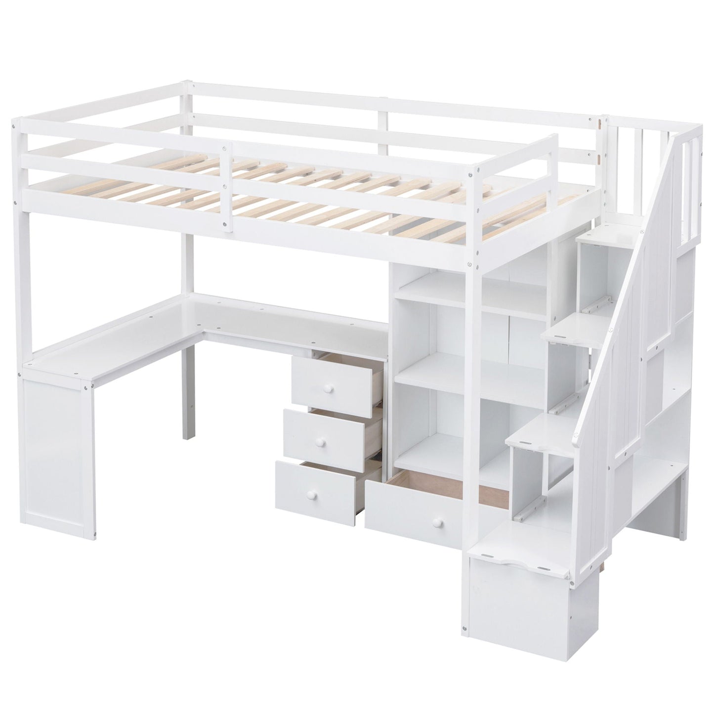 Loft bed with L-shaped desk, drawers, cabinet and storage staircase in white by HouseOfZazla on Tampa Home & Garden Store