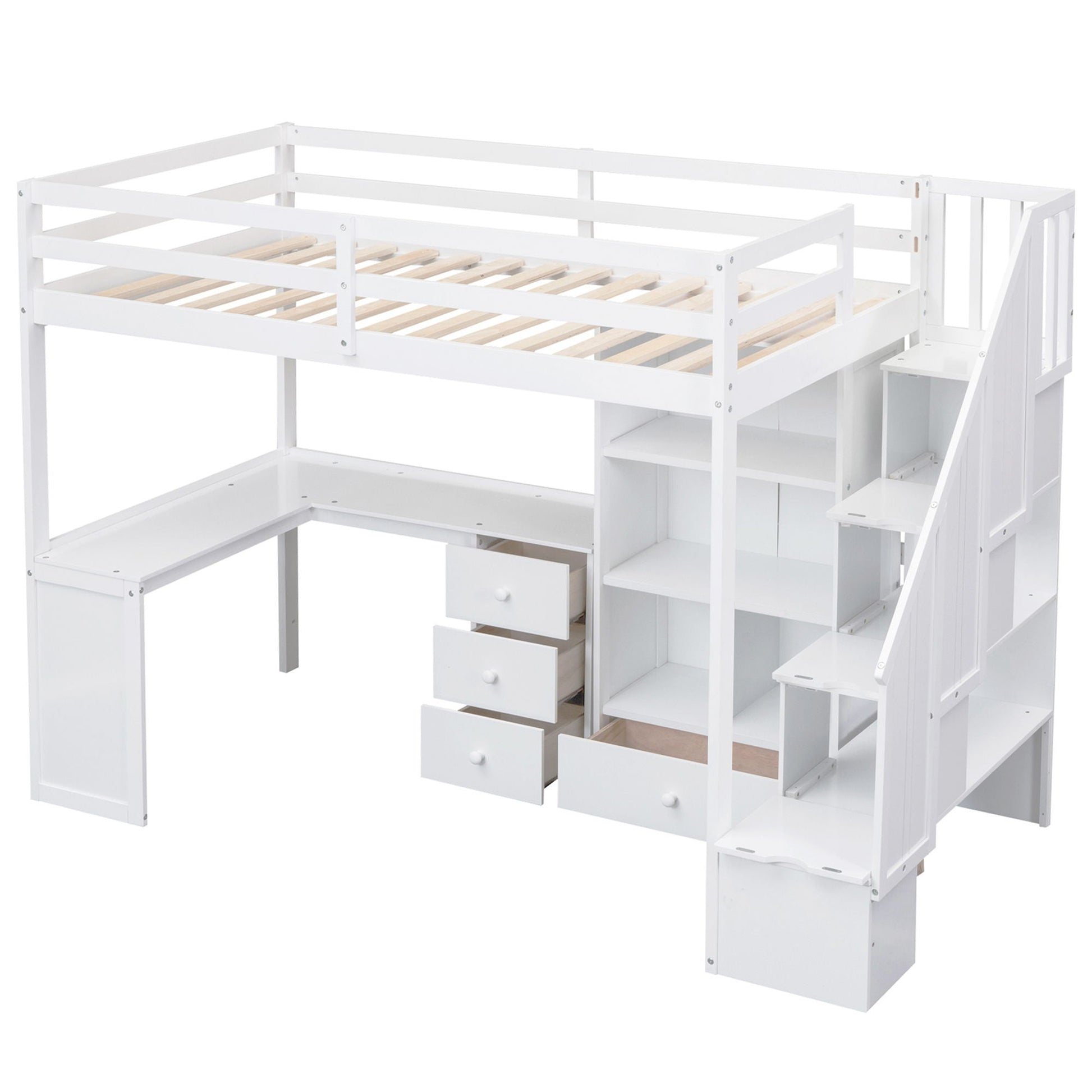 Loft bed with L-shaped desk, drawers, cabinet and storage staircase in white by HouseOfZazla on Tampa Home & Garden Store