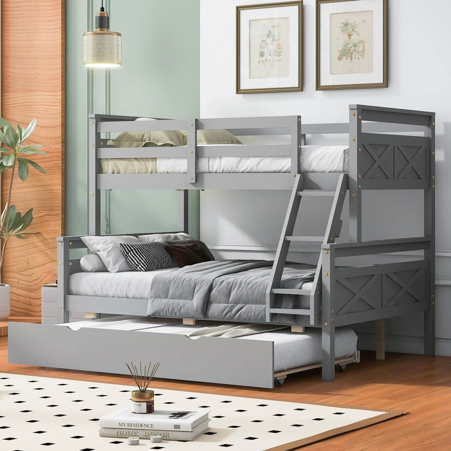 Bunk bed with ladder and safety guardrail in gray finish, two-tier design on Tampa Home & Garden Store