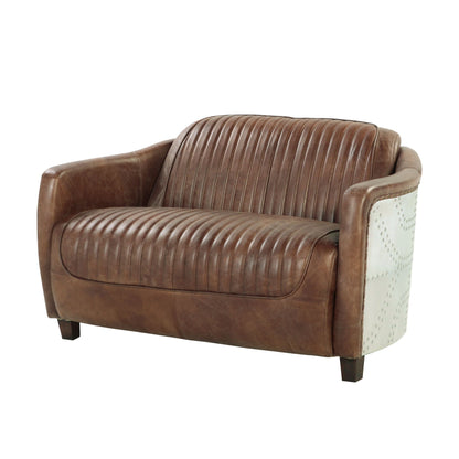 Grain Leather Loveseat with Vintage Aluminum Frame in brown, stationary seating on Tampa Home & Garden Store