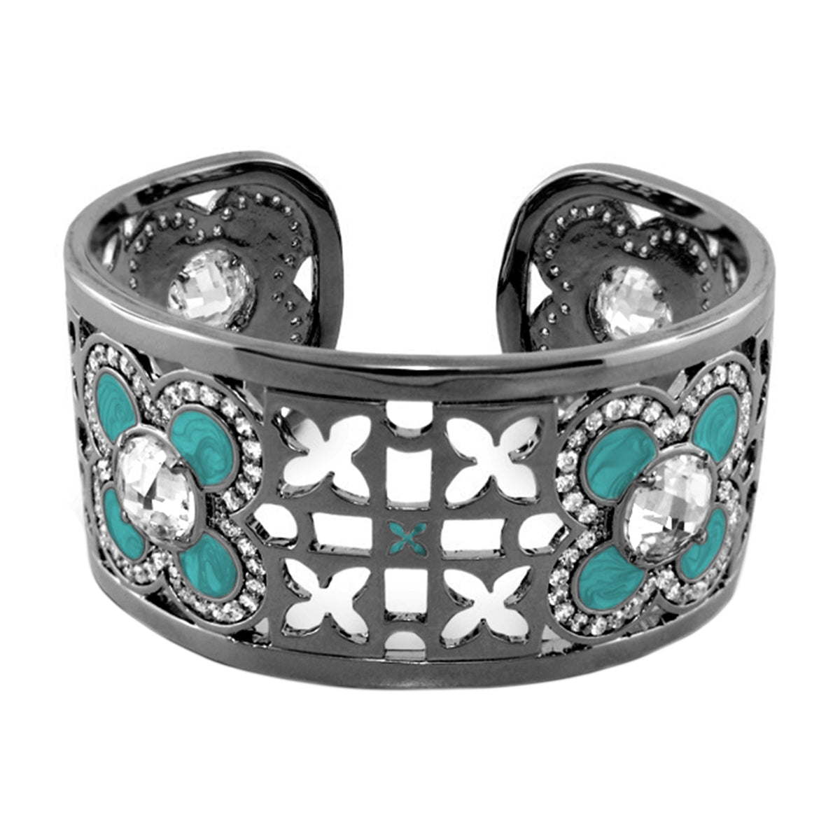 Floral Knight Cuff Bangle with turquoise inlays and crystals in silver tone by Lauren G Adams on Tampa Home & Garden Store