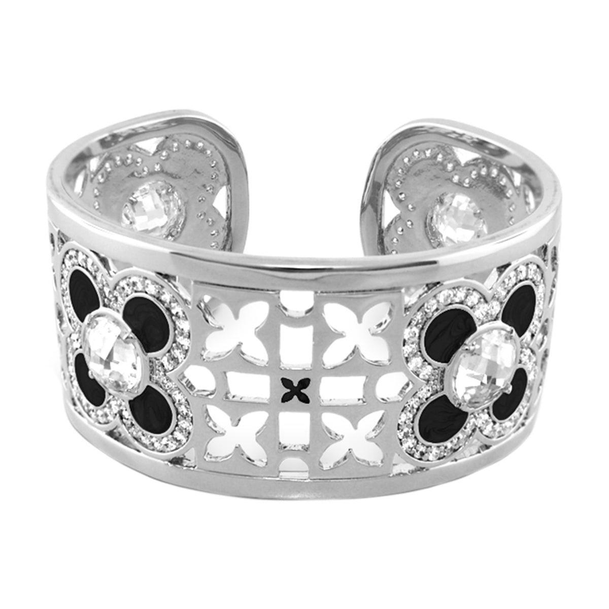 Floral Knight Cuff Bangle, silver-tone with black enamel flowers and crystal accents on Tampa Home & Garden Store