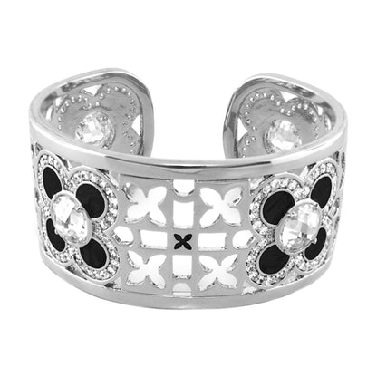 Floral Knight Cuff Bangle, silver-tone with black enamel flowers and crystal accents on Tampa Home & Garden Store