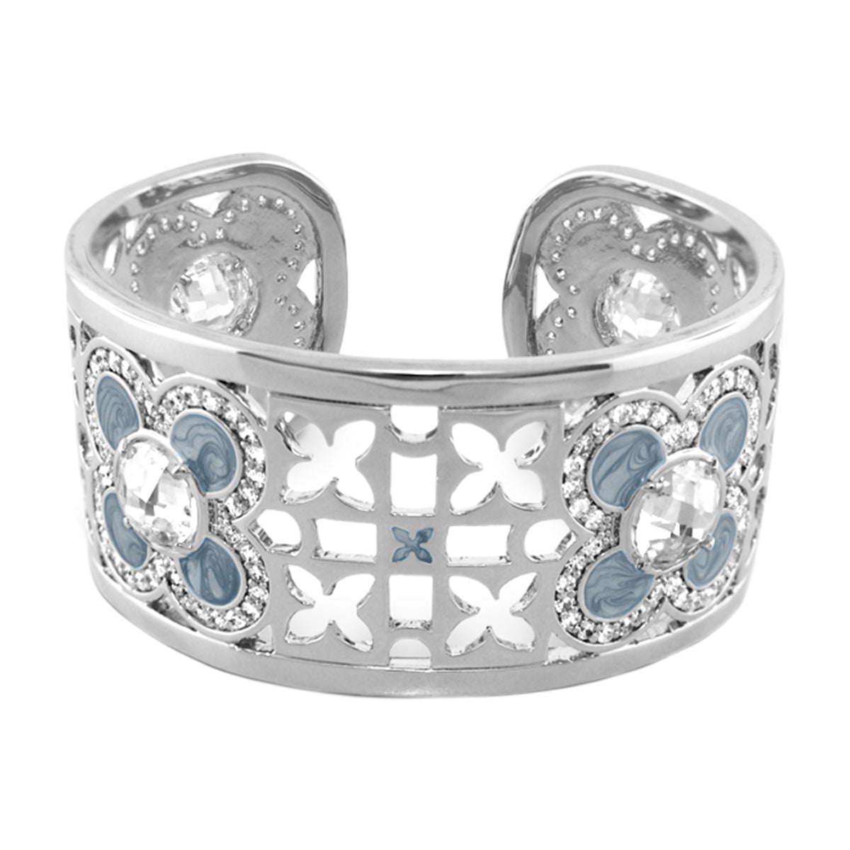 Floral Knight Cuff Bangle with blue enamel petals and clear crystals on Tampa Home & Garden Store