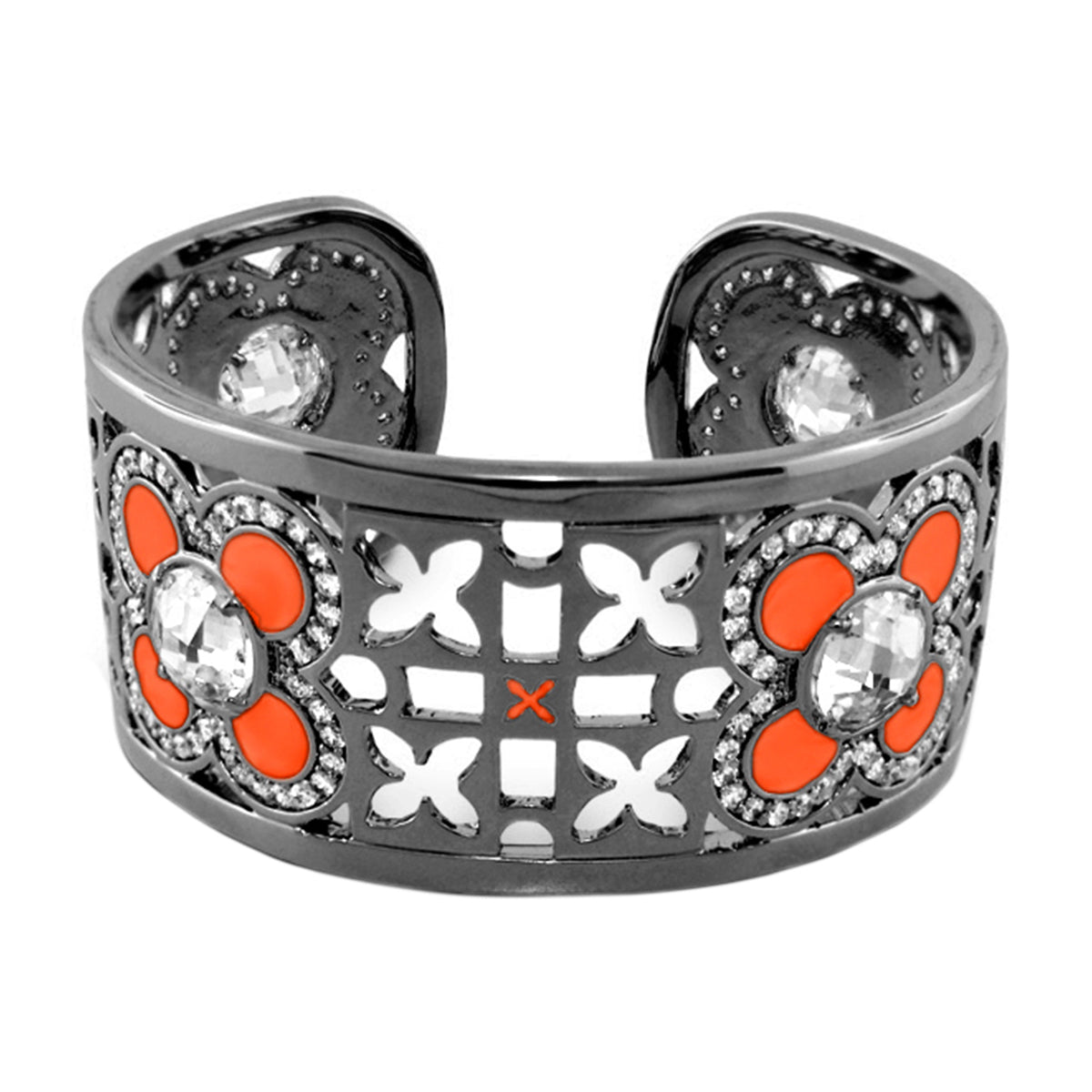 Floral Knight Cuff Bangle by Lauren G Adams, cuff with orange enamel flowers and crystal accents on Tampa Home & Garden Store
