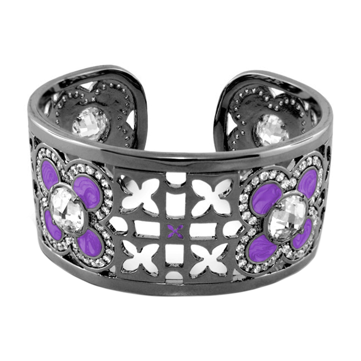 Floral Knight Cuff Bangle Lauren G Adams silver cuff with purple enamel flowers and crystals on Tampa Home & Garden Store