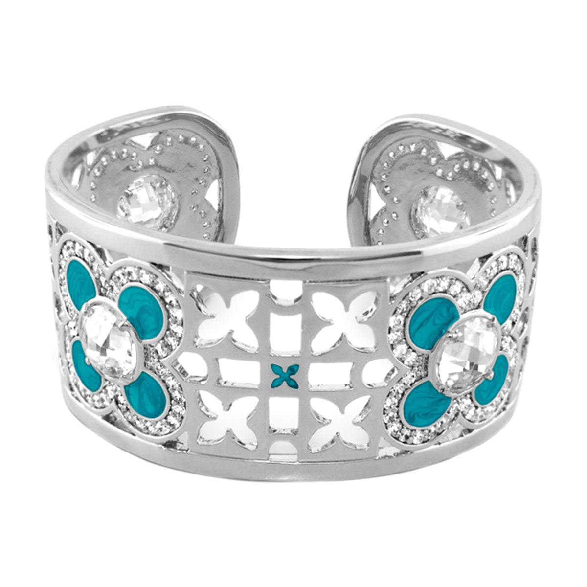 Floral Knight Cuff Bangle by Lauren G Adams, silver-tone cuff with turquoise flower accents on Tampa Home & Garden Store