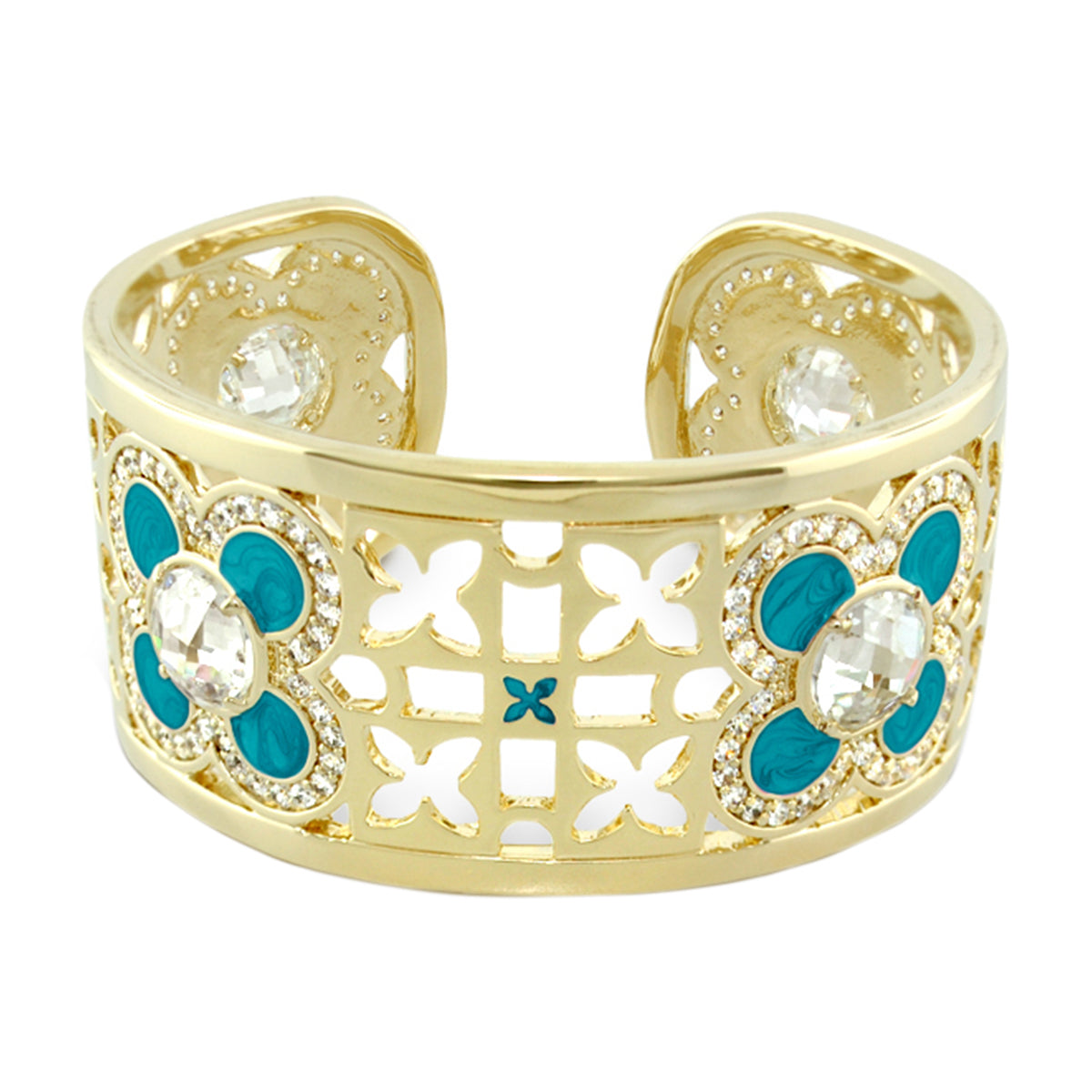 Floral Knight Cuff Bangle by Lauren G Adams, gold-tone bracelet with turquoise flowers on Tampa Home & Garden Store