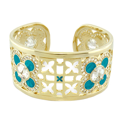 Floral Knight Cuff Bangle by Lauren G Adams, gold-tone bracelet with turquoise flowers on Tampa Home & Garden Store